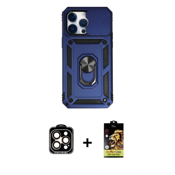 MARSİLYAN™- iPhone 14 Pro Max Kılıf Ahenk Klasik - Siyah Buffer Cam Ekran Koruyucu + PVD Metal Kamera Lens - TU
