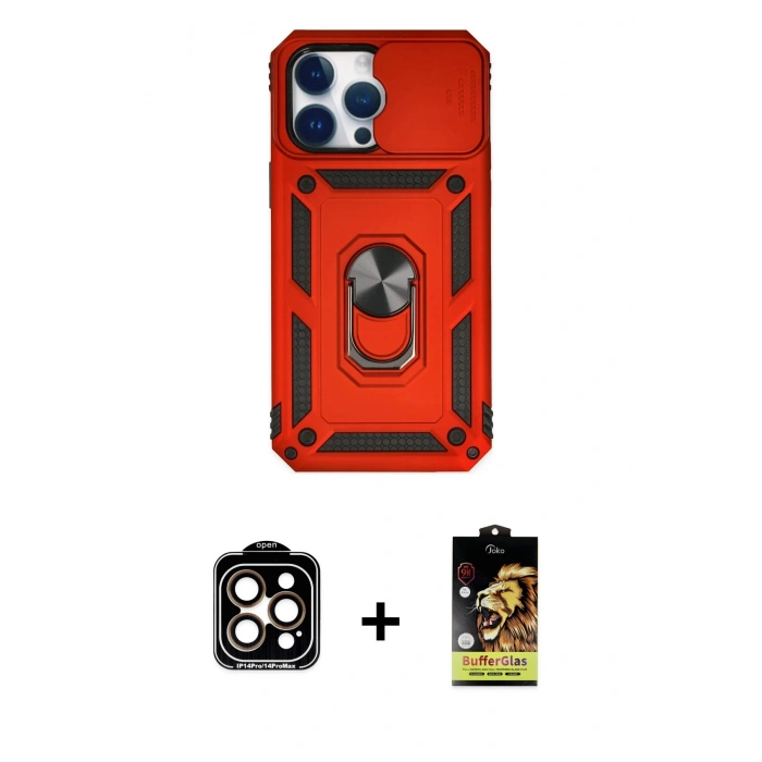 MARSİLYAN™- iPhone 14 Pro Max Kılıf Ahenk Klasik - Siyah Buffer Cam Ekran Koruyucu + PVD Metal Kamera Lens - TU