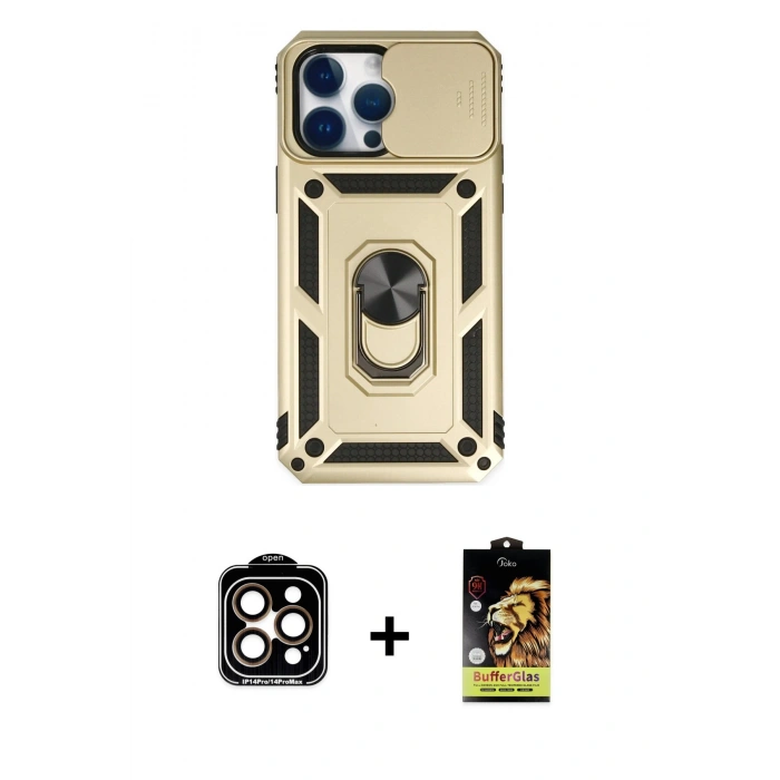 MARSİLYAN™- iPhone 14 Pro Max Kılıf Ahenk Klasik - Siyah Buffer Cam Ekran Koruyucu + PVD Metal Kamera Lens - TU