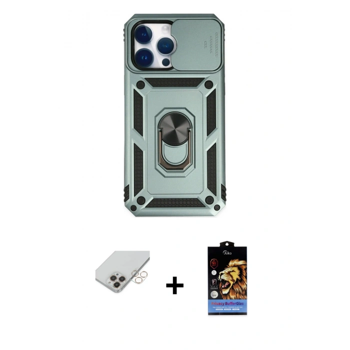 MARSİLYAN™- iPhone 14 Pro Max Kılıf Ahenk Klasik - Siyah Buffer Hayalet Cam Ekran Koruyucu + Band Metal Kamera Lens - GD