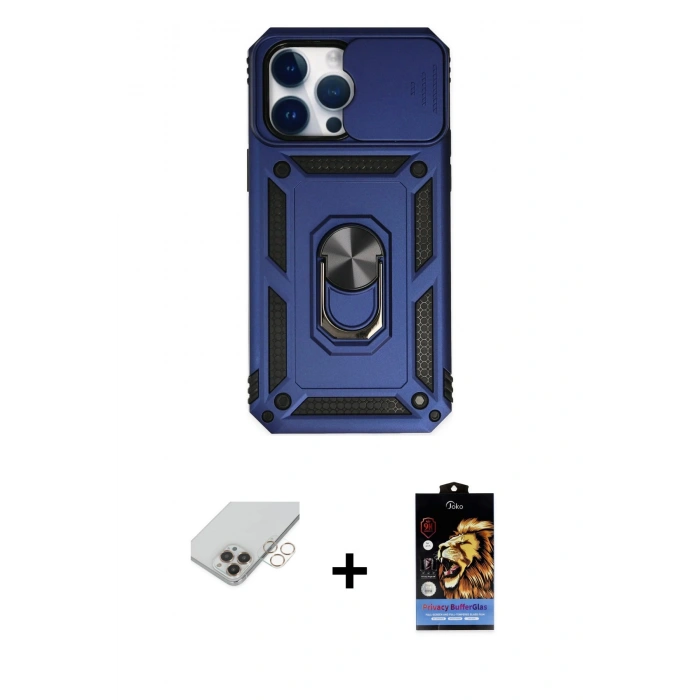 MARSİLYAN™- iPhone 14 Pro Max Kılıf Ahenk Klasik - Siyah Buffer Hayalet Cam Ekran Koruyucu + Band Metal Kamera Lens - GD