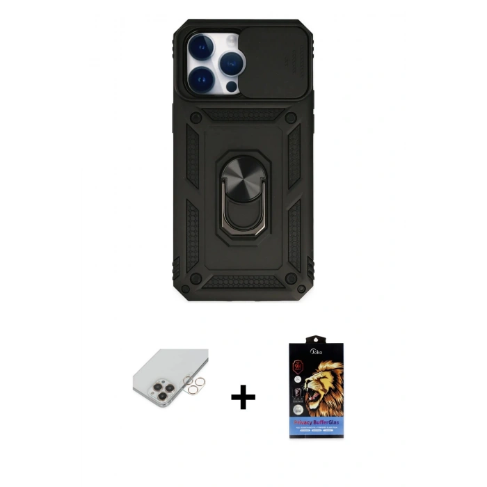 MARSİLYAN™- iPhone 14 Pro Max Kılıf Ahenk Klasik - Siyah Buffer Hayalet Cam Ekran Koruyucu + Band Metal Kamera Lens - GD