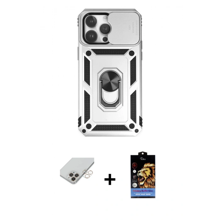 MARSİLYAN™- iPhone 14 Pro Max Kılıf Ahenk Klasik - Siyah Buffer Hayalet Cam Ekran Koruyucu + Band Metal Kamera Lens - GD