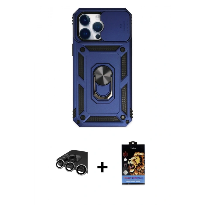 MARSİLYAN™- iPhone 14 Pro Max Kılıf Ahenk Klasik - Siyah Buffer Hayalet Cam Ekran Koruyucu + Raze Metal Kamera Lens - GS