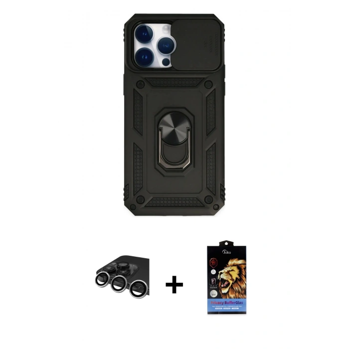 MARSİLYAN™- iPhone 14 Pro Max Kılıf Ahenk Klasik - Siyah Buffer Hayalet Cam Ekran Koruyucu + Raze Metal Kamera Lens - GS