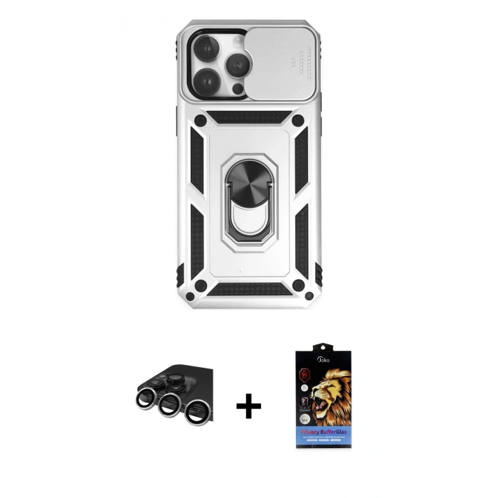 MARSİLYAN™- iPhone 14 Pro Max Kılıf Ahenk Klasik - Siyah Buffer Hayalet Cam Ekran Koruyucu + Raze Metal Kamera Lens - GS