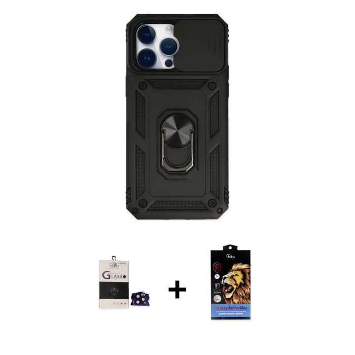 MARSİLYAN™- iPhone 14 Pro Max Kılıf Ahenk Klasik - Siyah Buffer Hayalet Cam Ekran Koruyucu + Bilvis Titan Kamera Lens - SH