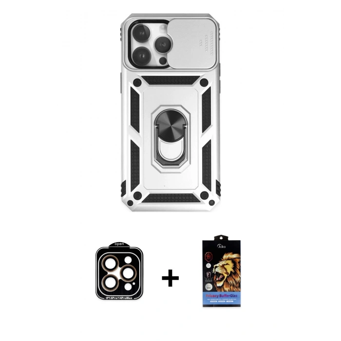 MARSİLYAN™- iPhone 14 Pro Max Kılıf Ahenk Klasik - Siyah Buffer Hayalet Cam Ekran Koruyucu + PVD Metal Kamera Lens - TU