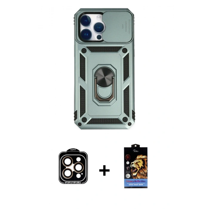 MARSİLYAN™- iPhone 14 Pro Max Kılıf Ahenk Klasik - Siyah Buffer Hayalet Cam Ekran Koruyucu + PVD Metal Kamera Lens - TU