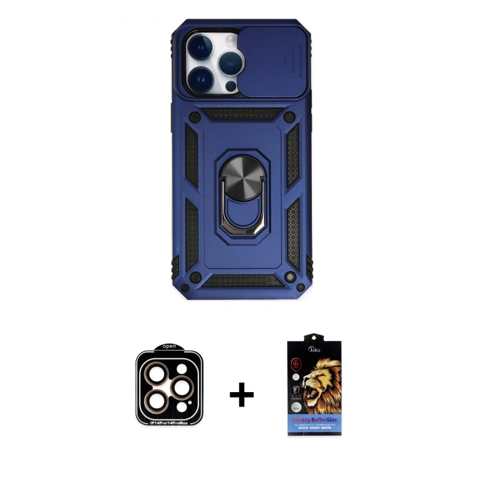 MARSİLYAN™- iPhone 14 Pro Max Kılıf Ahenk Klasik - Siyah Buffer Hayalet Cam Ekran Koruyucu + PVD Metal Kamera Lens - TU