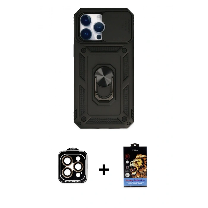 MARSİLYAN™- iPhone 14 Pro Max Kılıf Ahenk Klasik - Siyah Buffer Hayalet Cam Ekran Koruyucu + PVD Metal Kamera Lens - TU