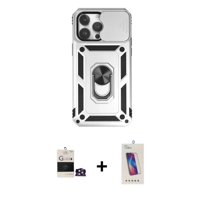 MARSİLYAN™- iPhone 14 Pro Max Kılıf Ahenk Klasik - Siyah Joko 5D Cam + Gold Bilvis Titan Kamera Lens