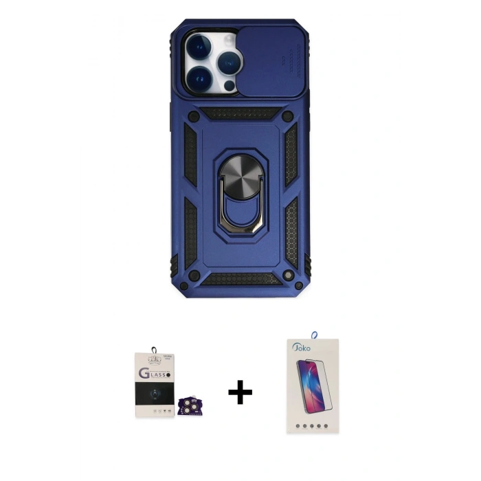 MARSİLYAN™- iPhone 14 Pro Max Kılıf Ahenk Klasik - Siyah Joko 5D Cam + Gold Bilvis Titan Kamera Lens