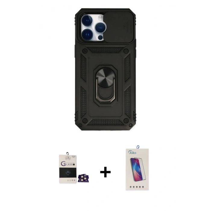 MARSİLYAN™- iPhone 14 Pro Max Kılıf Ahenk Klasik - Siyah Joko 5D Cam + Gold Bilvis Titan Kamera Lens