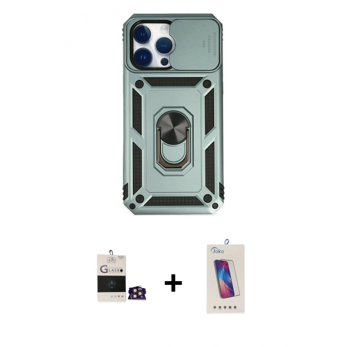 MARSİLYAN™- iPhone 14 Pro Max Kılıf Ahenk Klasik - Siyah Joko 5D Cam + Gold Bilvis Titan Kamera Lens