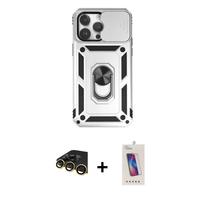 MARSİLYAN™- iPhone 14 Pro Max Kılıf Ahenk Klasik - Siyah Joko 5D Cam + Raze Metal Kamera Lens - GD
