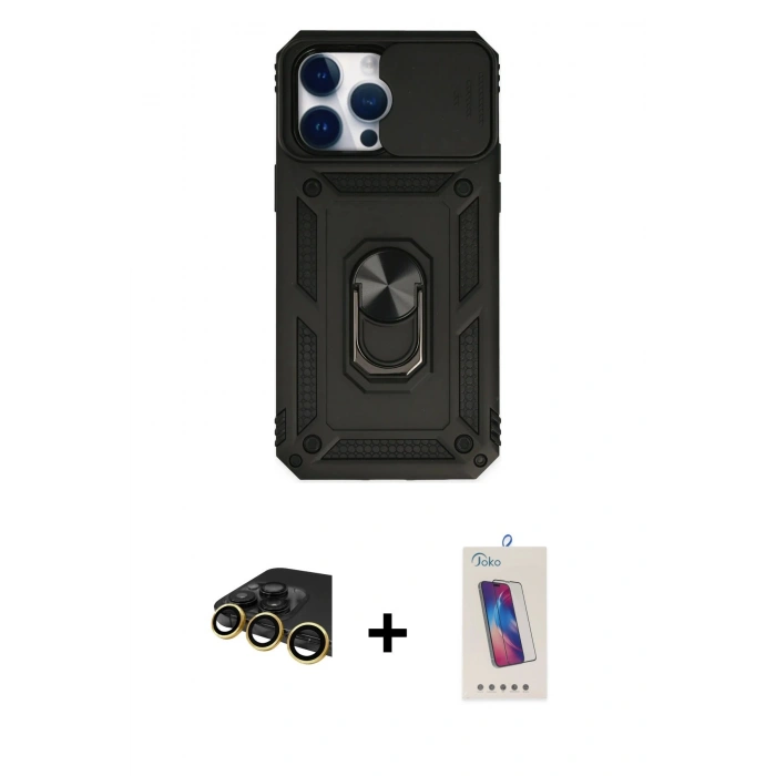 MARSİLYAN™- iPhone 14 Pro Max Kılıf Ahenk Klasik - Siyah Joko 5D Cam + Raze Metal Kamera Lens - GD