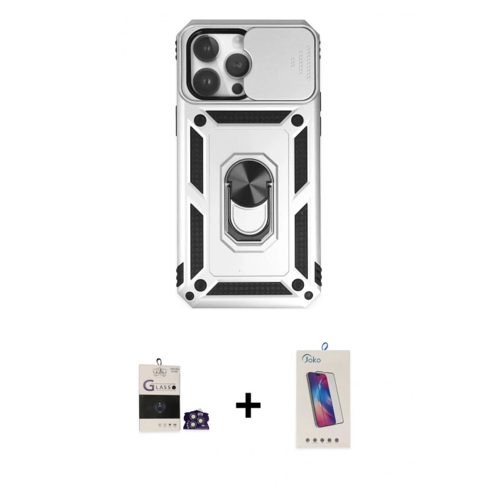 MARSİLYAN™- iPhone 14 Pro Max Kılıf Ahenk Klasik - Siyah Joko 5D Cam + Gümüş Bilvis Titan Kamera Lens
