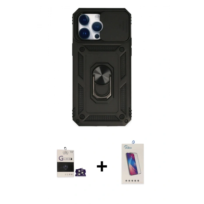 MARSİLYAN™- iPhone 14 Pro Max Kılıf Ahenk Klasik - Siyah Joko 5D Cam + Gümüş Bilvis Titan Kamera Lens