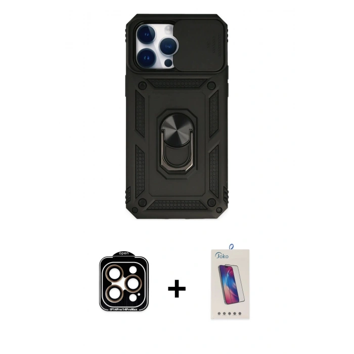 MARSİLYAN™- iPhone 14 Pro Max Kılıf Ahenk Klasik - Siyah Joko 5D Cam + PVD Metal Kamera Lens - TU