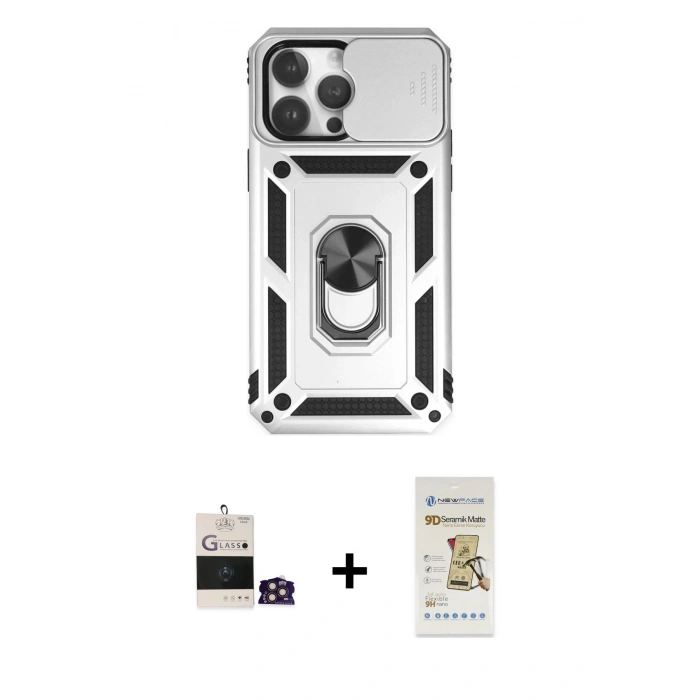 MARSİLYAN™- iPhone 14 Pro Max Kılıf Ahenk Klasik - Siyah Mat Seramik Nano Ekran Koruyucu + Bilvis Titan Kamera Lens - GD