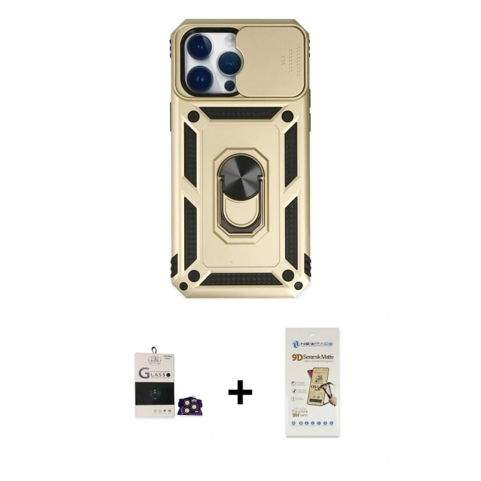 MARSİLYAN™- iPhone 14 Pro Max Kılıf Ahenk Klasik - Siyah Mat Seramik Nano Ekran Koruyucu + Bilvis Titan Kamera Lens - GD