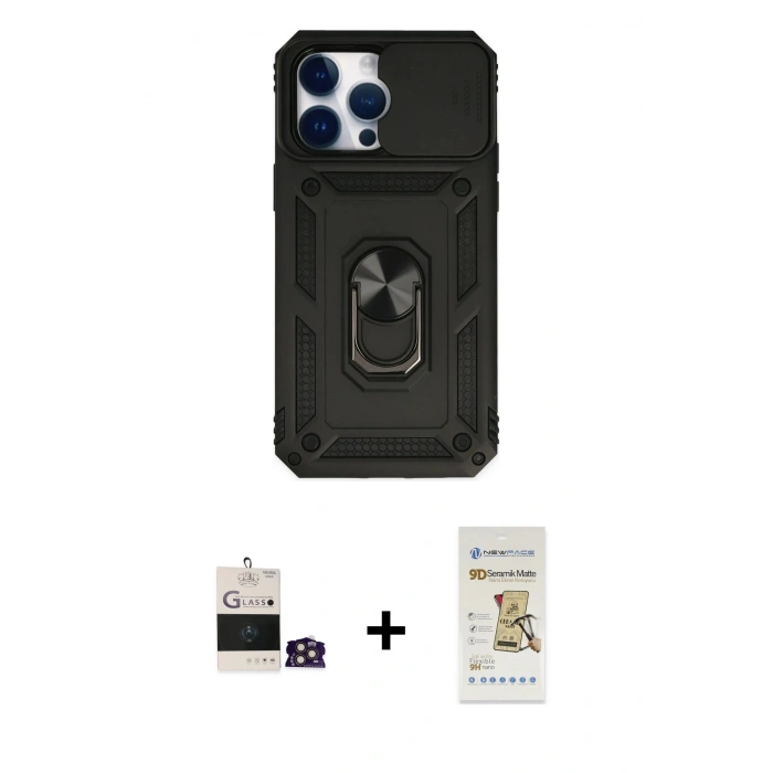 MARSİLYAN™- iPhone 14 Pro Max Kılıf Ahenk Klasik - Siyah Mat Seramik Nano Ekran Koruyucu + Bilvis Titan Kamera Lens - GD