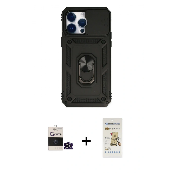 MARSİLYAN™- iPhone 14 Pro Max Kılıf Ahenk Klasik - Siyah Mat Seramik Nano Ekran Koruyucu + Bilvis Titan Kamera Lens - SH