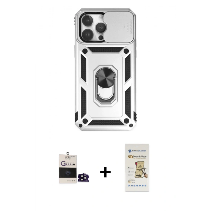MARSİLYAN™- iPhone 14 Pro Max Kılıf Ahenk Klasik - Siyah Mat Seramik Nano Ekran Koruyucu + Bilvis Titan Kamera Lens - SH