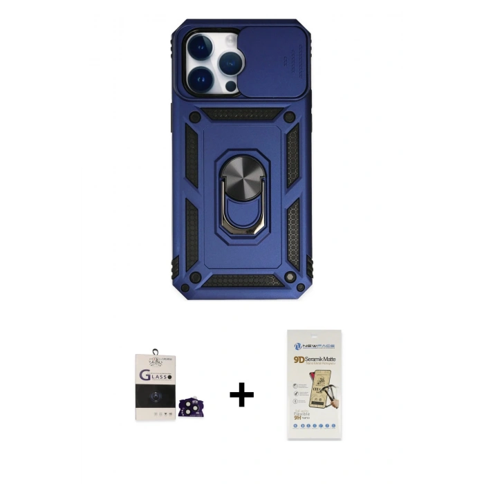 MARSİLYAN™- iPhone 14 Pro Max Kılıf Ahenk Klasik - Siyah Mat Seramik Nano Ekran Koruyucu + Bilvis Titan Kamera Lens - SH