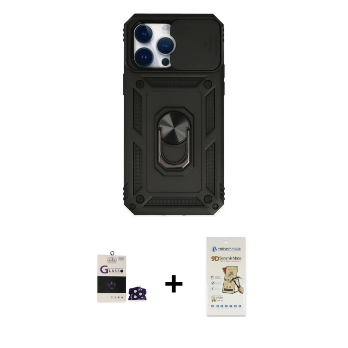 MARSİLYAN™- iPhone 14 Pro Max Kılıf Ahenk Klasik - Siyah Mat Seramik Nano Ekran Koruyucu + Bilvis Titan Kamera Lens - DNMR