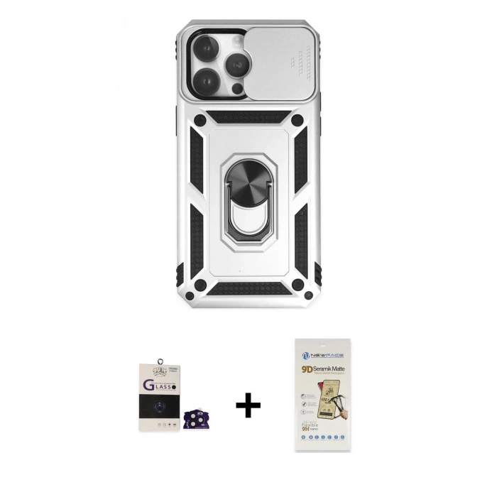 MARSİLYAN™- iPhone 14 Pro Max Kılıf Ahenk Klasik - Siyah Mat Seramik Nano Ekran Koruyucu + Bilvis Titan Kamera Lens - DNMR