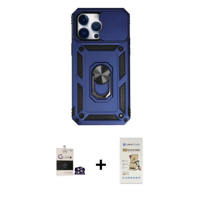 MARSİLYAN™- iPhone 14 Pro Max Kılıf Ahenk Klasik - Siyah Mat Seramik Nano Ekran Koruyucu + Bilvis Titan Kamera Lens - GS