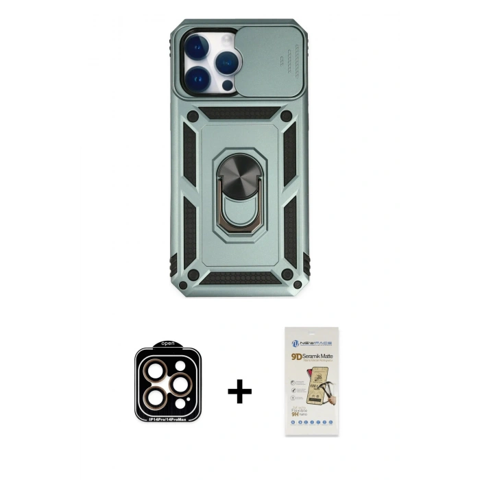 MARSİLYAN™- iPhone 14 Pro Max Kılıf Ahenk Klasik - Siyah Mat Seramik Nano Ekran Koruyucu + PVD Metal Kamera Lens - TU