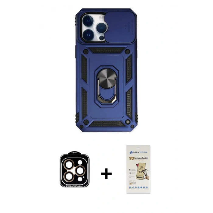 MARSİLYAN™- iPhone 14 Pro Max Kılıf Ahenk Klasik - Siyah Mat Seramik Nano Ekran Koruyucu + PVD Metal Kamera Lens - TU