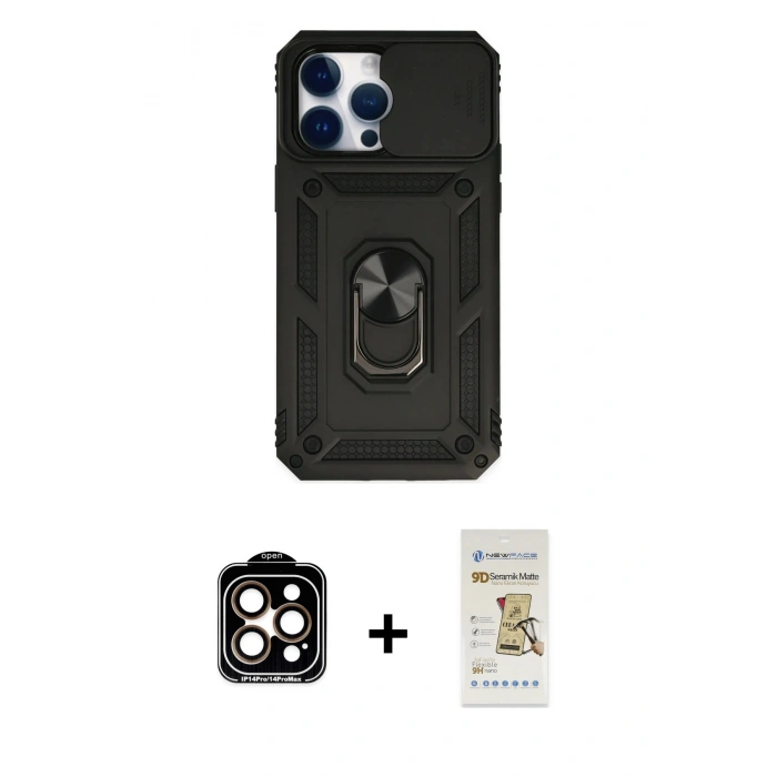 MARSİLYAN™- iPhone 14 Pro Max Kılıf Ahenk Klasik - Siyah Mat Seramik Nano Ekran Koruyucu + PVD Metal Kamera Lens - TU
