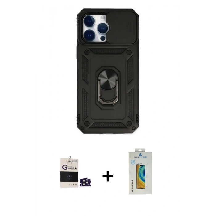 MARSİLYAN™- iPhone 14 Pro Max Kılıf Ahenk Klasik - Siyah Polymer Nano Ekran Koruyucu + Bilvis Titan Kamera Lens - DNMR