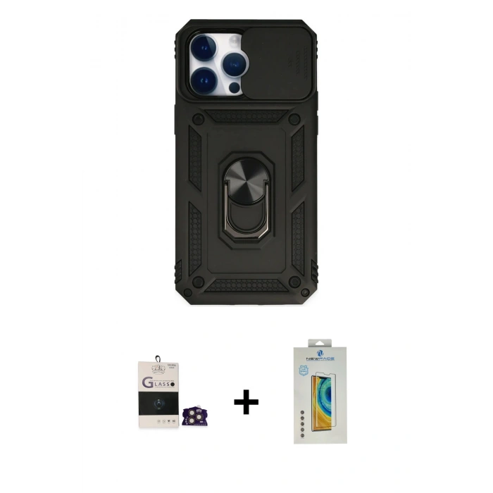 MARSİLYAN™- iPhone 14 Pro Max Kılıf Ahenk Klasik - Siyah Polymer Nano Ekran Koruyucu + Bilvis Titan Kamera Lens - GD