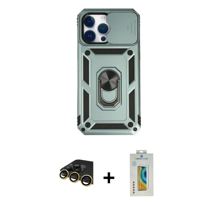 MARSİLYAN™- iPhone 14 Pro Max Kılıf Ahenk Klasik - Siyah Polymer Nano Ekran Koruyucu + Raze Metal Kamera Lens - GD