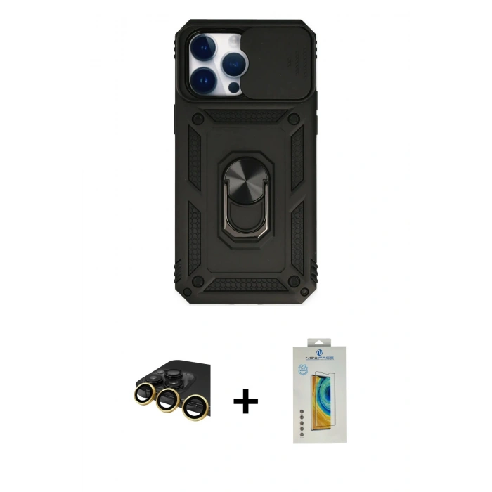 MARSİLYAN™- iPhone 14 Pro Max Kılıf Ahenk Klasik - Siyah Polymer Nano Ekran Koruyucu + Raze Metal Kamera Lens - GD