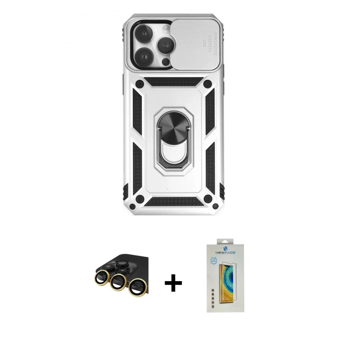 MARSİLYAN™- iPhone 14 Pro Max Kılıf Ahenk Klasik - Siyah Polymer Nano Ekran Koruyucu + Raze Metal Kamera Lens - GD
