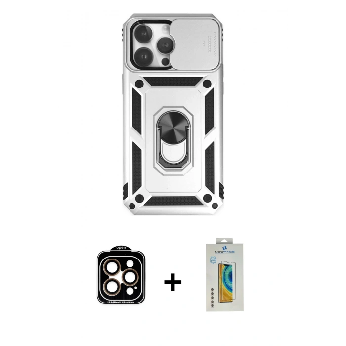 MARSİLYAN™- iPhone 14 Pro Max Kılıf Ahenk Klasik - Siyah Polymer Nano Ekran Koruyucu + PVD Metal Kamera Lens - TU