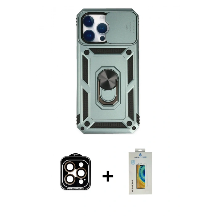 MARSİLYAN™- iPhone 14 Pro Max Kılıf Ahenk Klasik - Siyah Polymer Nano Ekran Koruyucu + PVD Metal Kamera Lens - TU