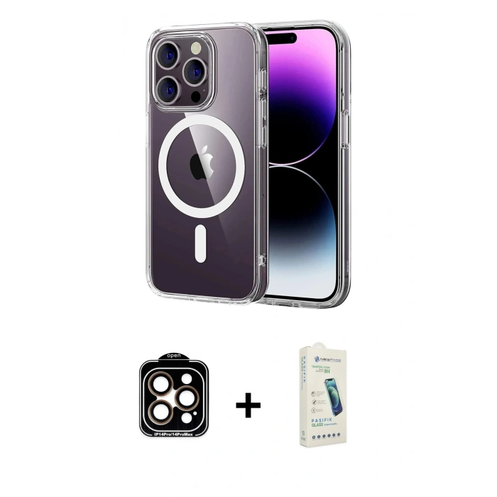 MARSİLYAN™- iPhone 14 Pro Max Kılıf Ahenk Minimal Serisi - Şeffaf Pasifik Cam Ekran Koruyucu + PVD Metal Kamera Lens - TU