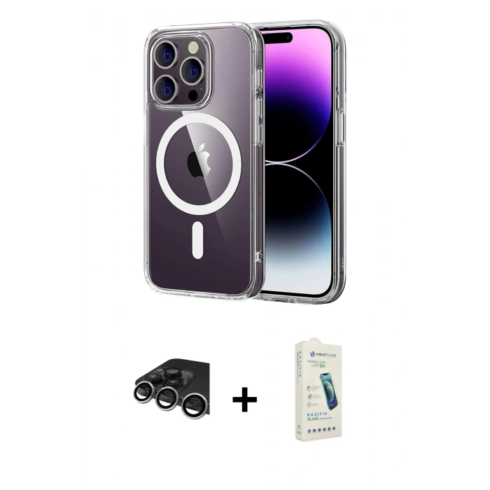 MARSİLYAN™- iPhone 14 Pro Max Kılıf Ahenk Minimal Serisi - Şeffaf Pasifik Cam Ekran Koruyucu + Raze Metal Kamera Lens - GS