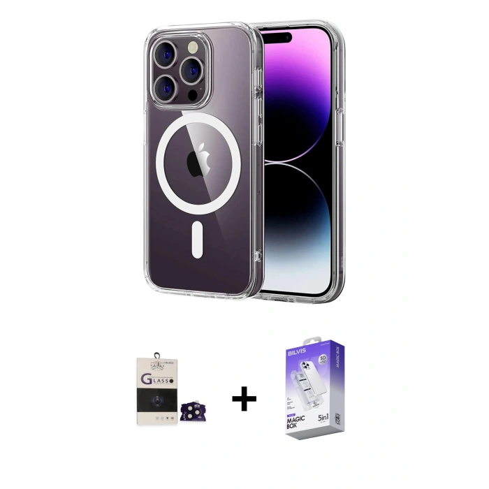 MARSİLYAN™- iPhone 14 Pro Max Kılıf Ahenk Minimal Serisi - Siyah Bilvis 5in1 3D Magic Cam Ekran Koruyucu + Bilvis Titan Kamera Lens - SH