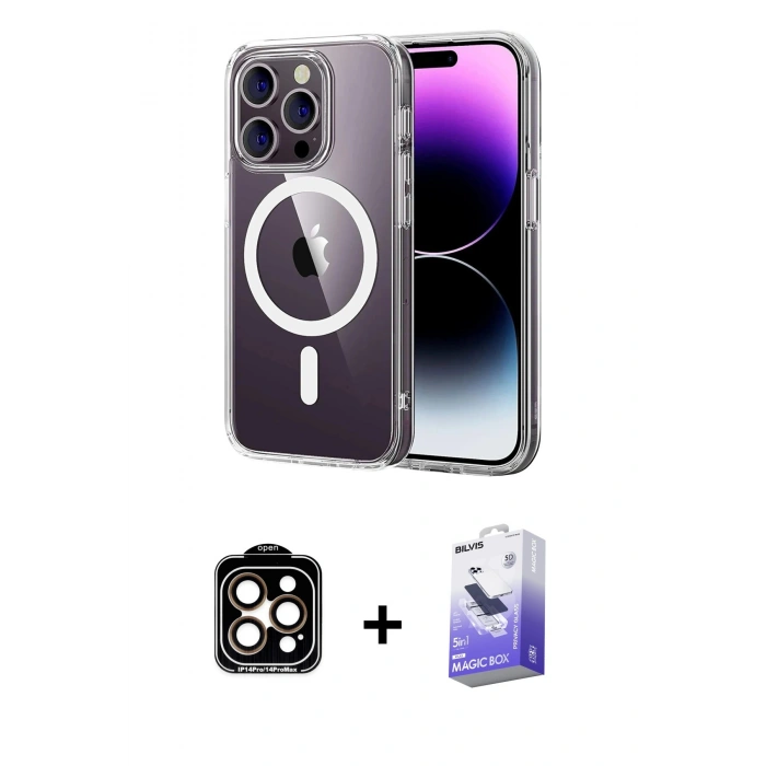 MARSİLYAN™- iPhone 14 Pro Max Kılıf Ahenk Minimal Serisi - Siyah Bilvis 5in1 5D Magic Hayalet Cam Ekran Koruyucu + PVD Metal Kamera Lens - TU