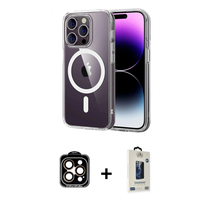 MARSİLYAN™- iPhone 14 Pro Max Kılıf Ahenk Minimal Serisi - Siyah Bilvis Hayalet Cam Ekran Koruyucu + PVD Metal Kamera Lens - TU