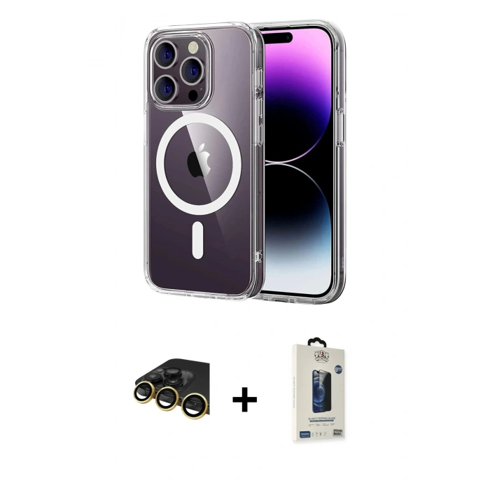 MARSİLYAN™- iPhone 14 Pro Max Kılıf Ahenk Minimal Serisi - Siyah Bilvis Hayalet Cam Ekran Koruyucu + Raze Metal Kamera Lens - GD