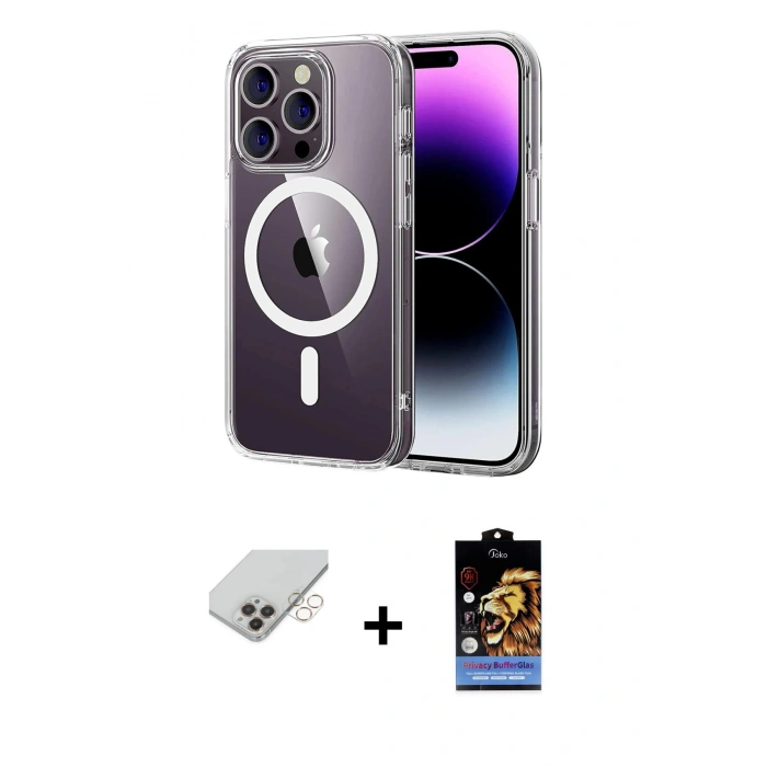 MARSİLYAN™- iPhone 14 Pro Max Kılıf Ahenk Minimal Serisi - Siyah Buffer Hayalet Cam Ekran Koruyucu + Band Metal Kamera Lens - GD